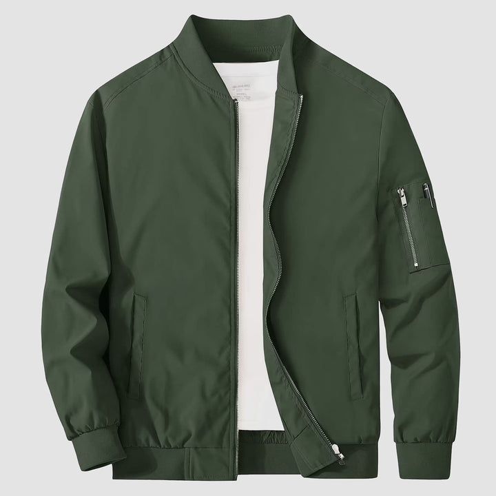 Stylish men's bomber jacket in navy, casual polyester outerwear suitable for spring