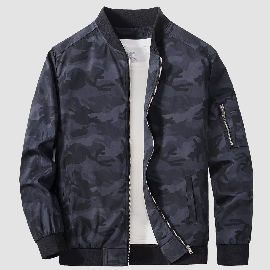Men's bomber jacket in a neutral color, versatile outerwear for spring and fall styling