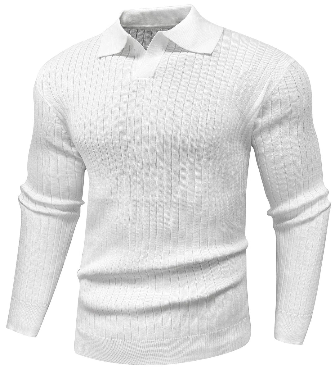 Close-up of knit fabric on men's long sleeve polo, modern fit, versatile design