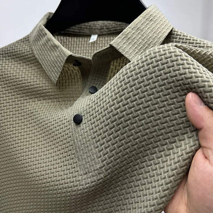Casual men's short sleeve polo with unique basketweave texture. A comfortable & modern summer fashion wardrobe essential.