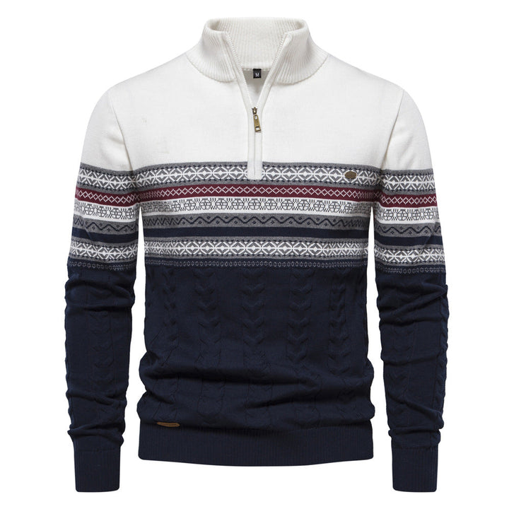 Close-up of the half-zip collar on a men's classic Nordic pullover sweater