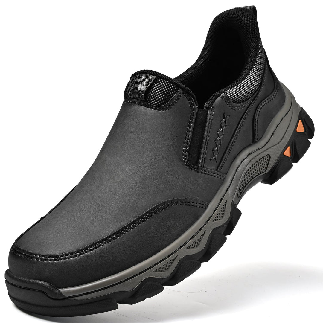 Men's dark brown leather slip-on walking shoes, perfect for hikers