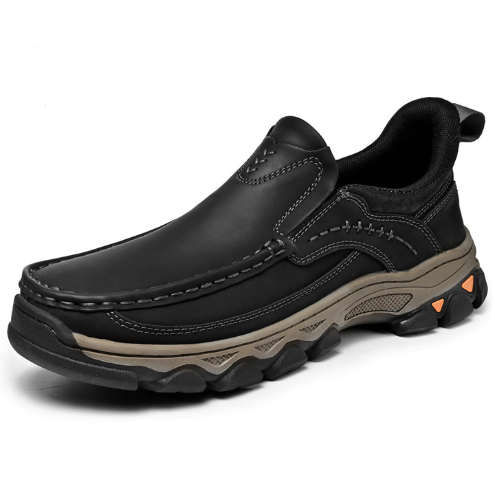 Brown leather slip-on orthopedic shoes, ideal for men's casual walking and travel