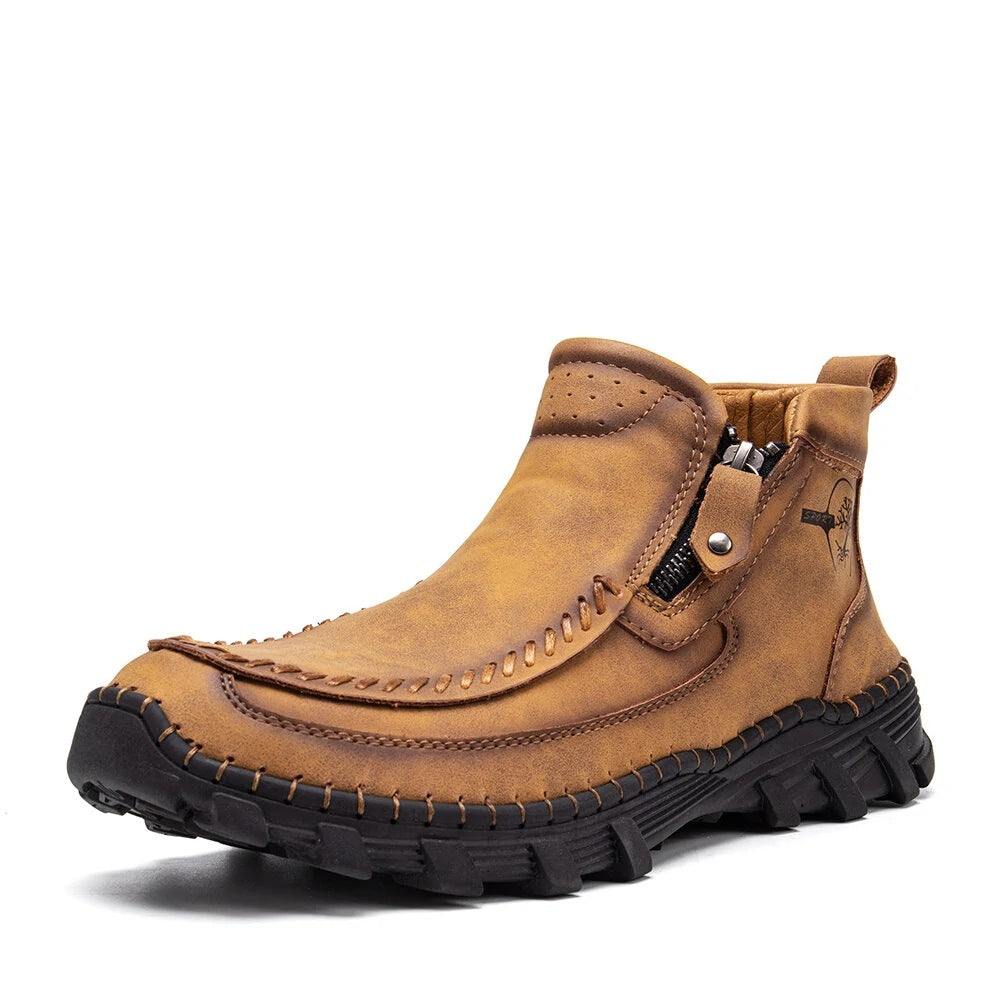 Men's outdoor tooling boots with orthopedic support, brown leather, side zipper