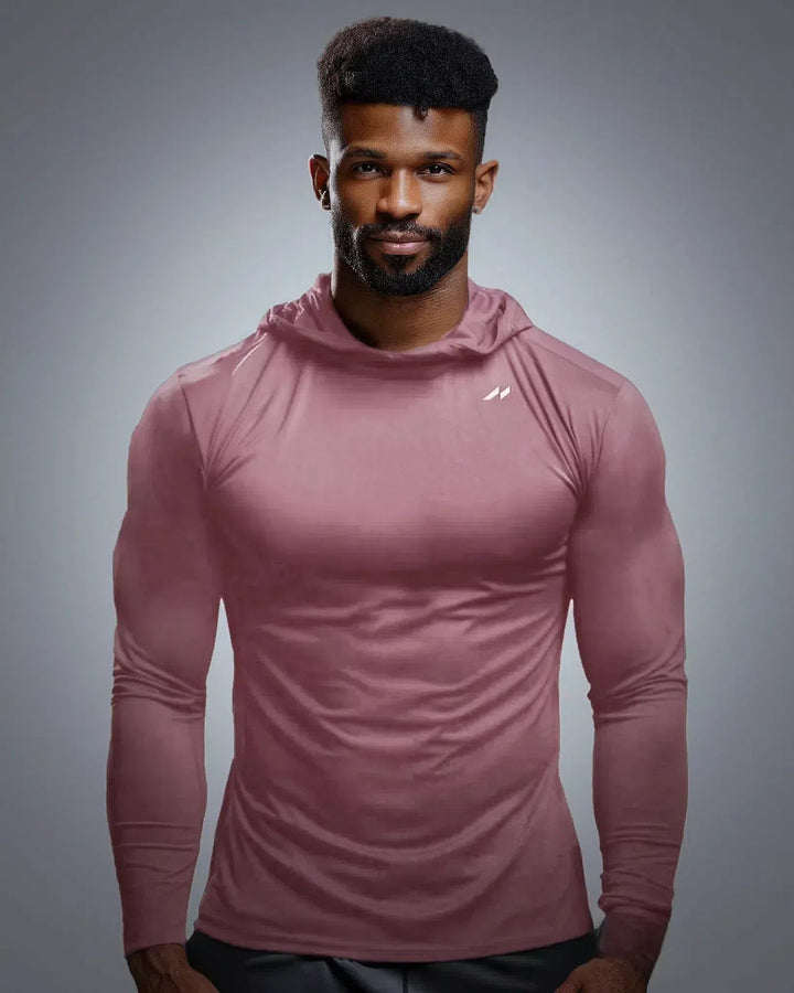 Close-up of moisture-wicking fabric on men's performance hoodie, great for running and gym