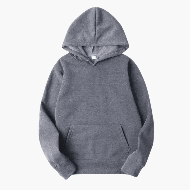 Close-up of the soft fabric of a men's solid color pullover hoodie, showing texture