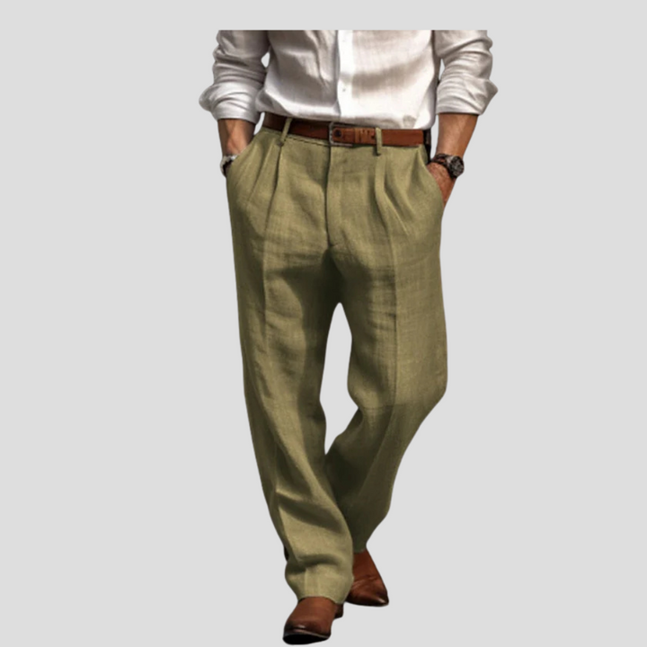 Comfortable straight leg linen pants for men, featuring elegant pleats. Essential breathable summer casual wear.