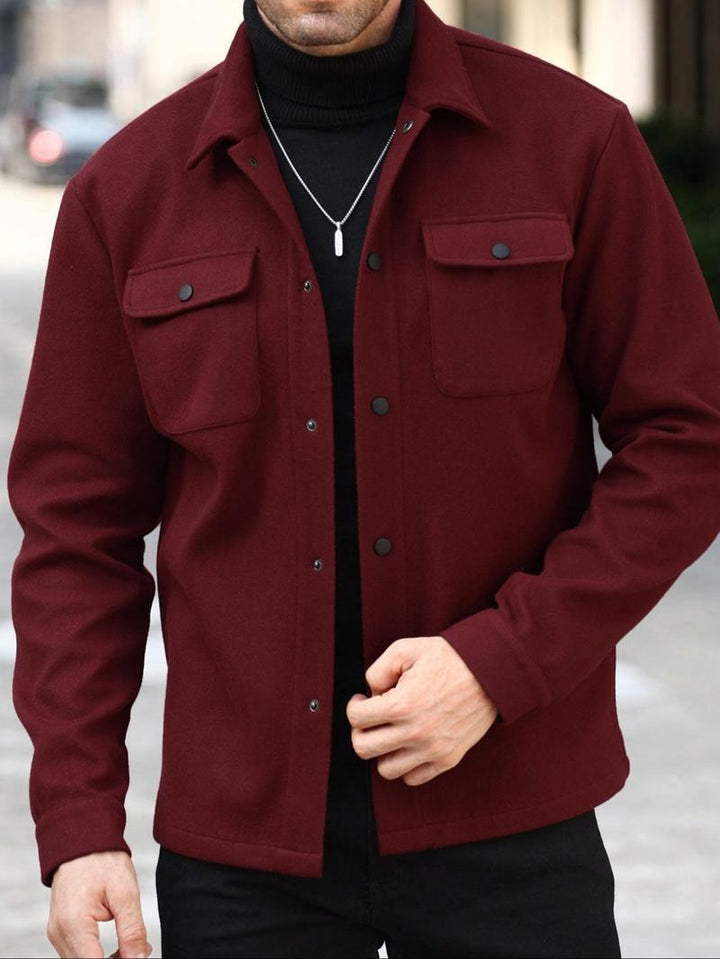 Detailed shot of the collar and snap closure on a men's wool blend overshirt jacket, men's fashion essential