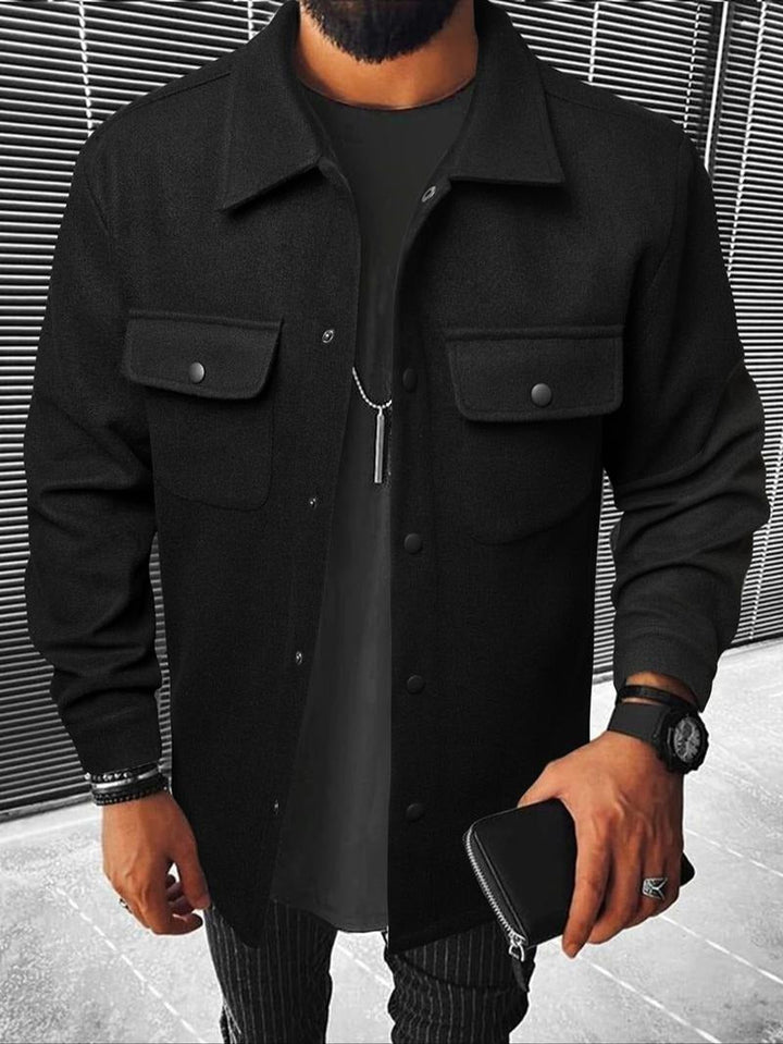 Back view of a men's premium wool blend overshirt jacket, showcasing the fit and quality for winter wear