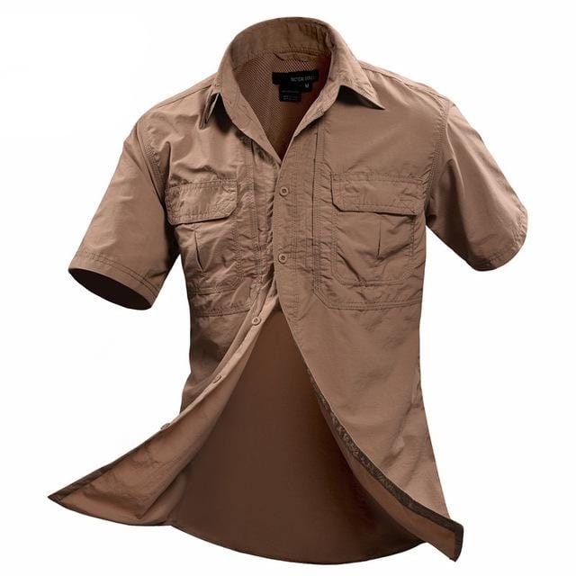 Full view of a men's quick-dry tactical shirt, short sleeve, performance wear for rugged outdoor activities