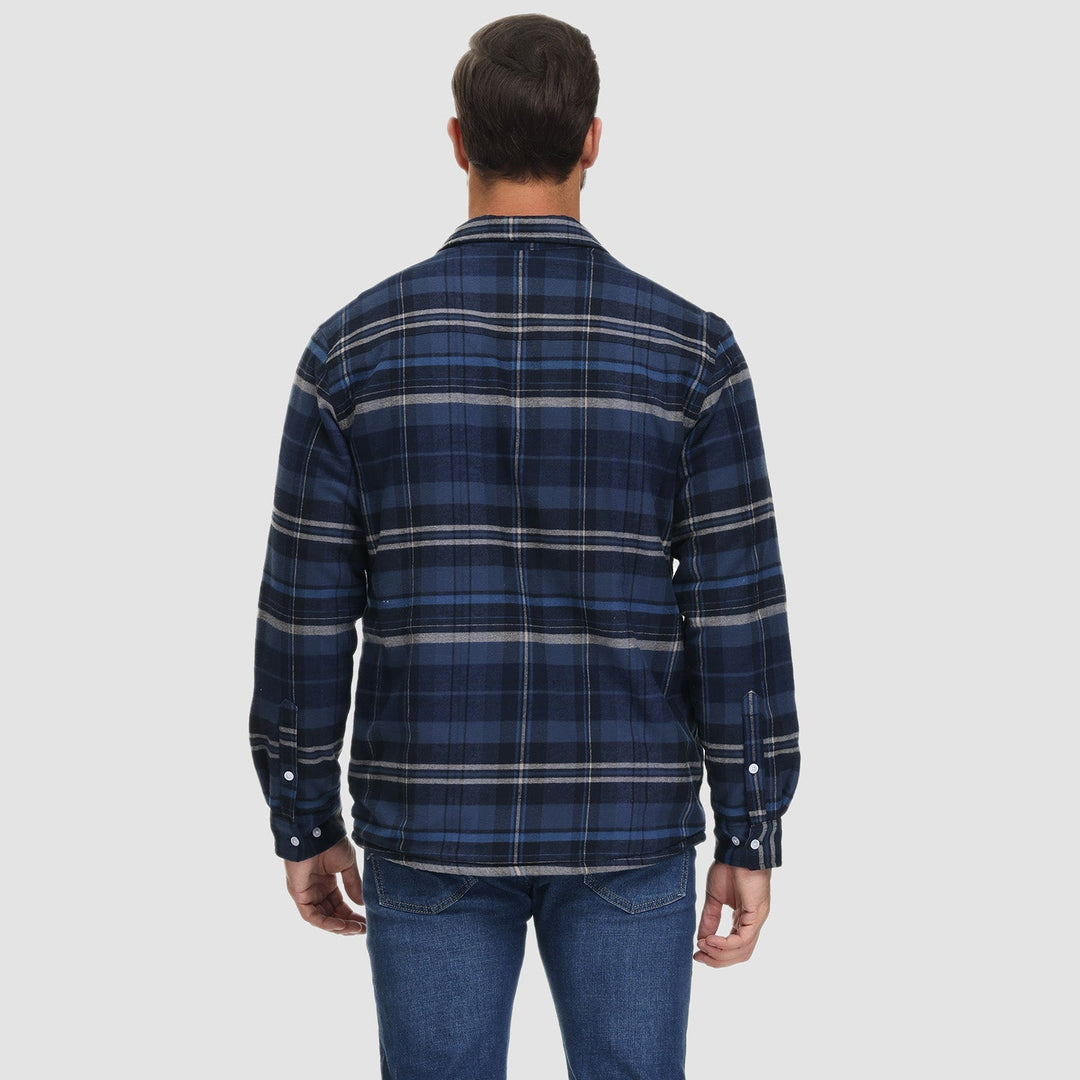 Men's flannel button-down jacket with sherpa-style fleece lining for ultimate warmth, a rugged winter coat