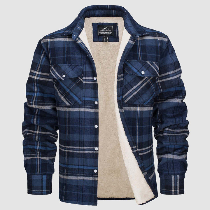 Close-up of the flannel fabric texture and plaid pattern on a men's fleece lined jacket, high quality outerwear