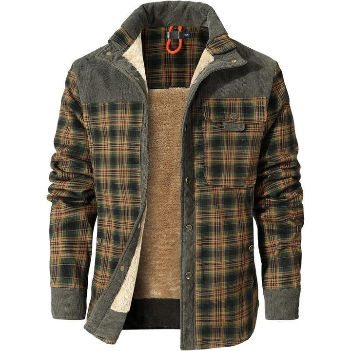 Men's red and black plaid flannel jacket, sherpa-lined for warmth. Ideal casual winter outerwear.