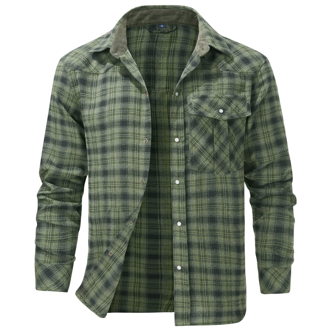 Workwear inspired men's snap button flannel shirt, robust cotton blend, timeless plaid design.