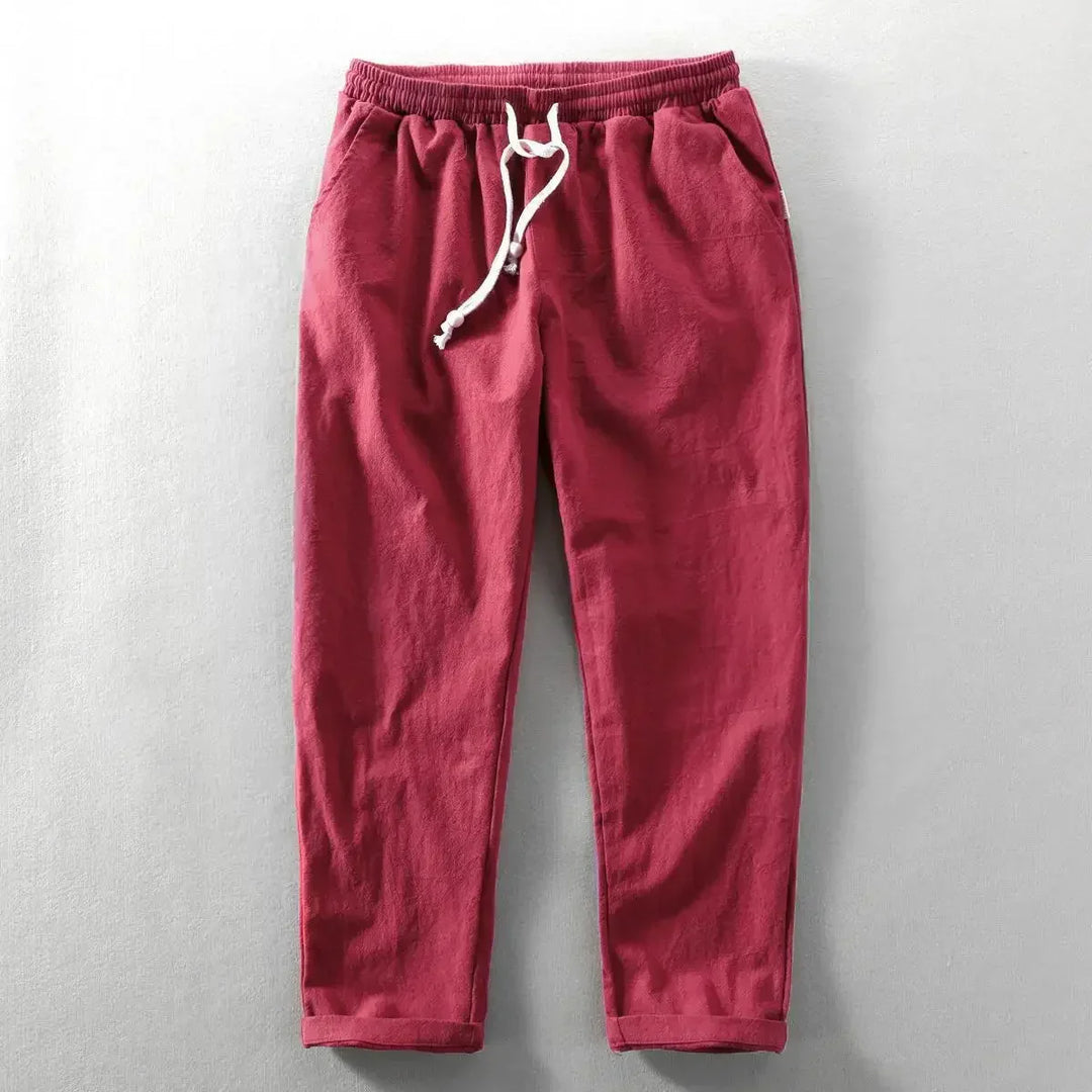 Tapered leg men's relaxed fit linen jogger pants in a neutral color, great for comfortable, casual style