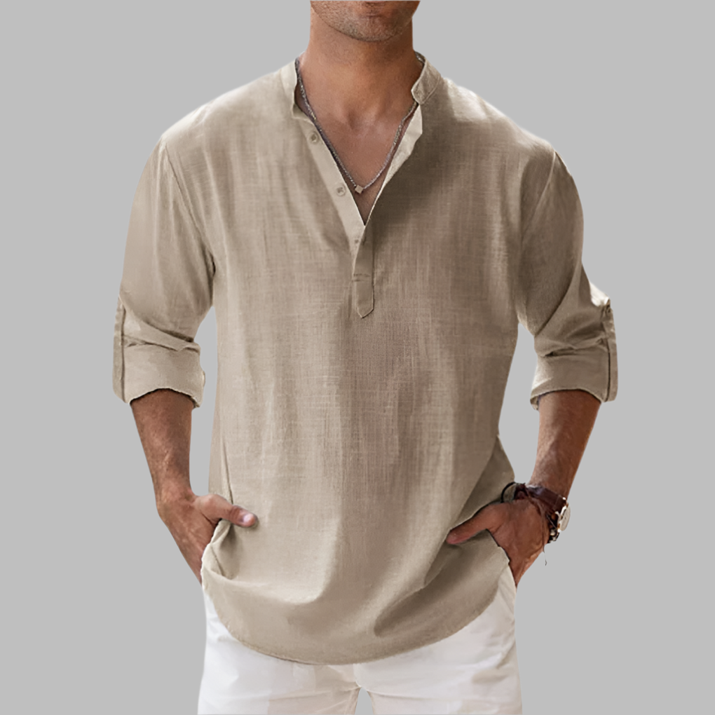 New men's relaxed fit summer button-down. Long sleeve casual collared shirt, great for warm weather & beach.
