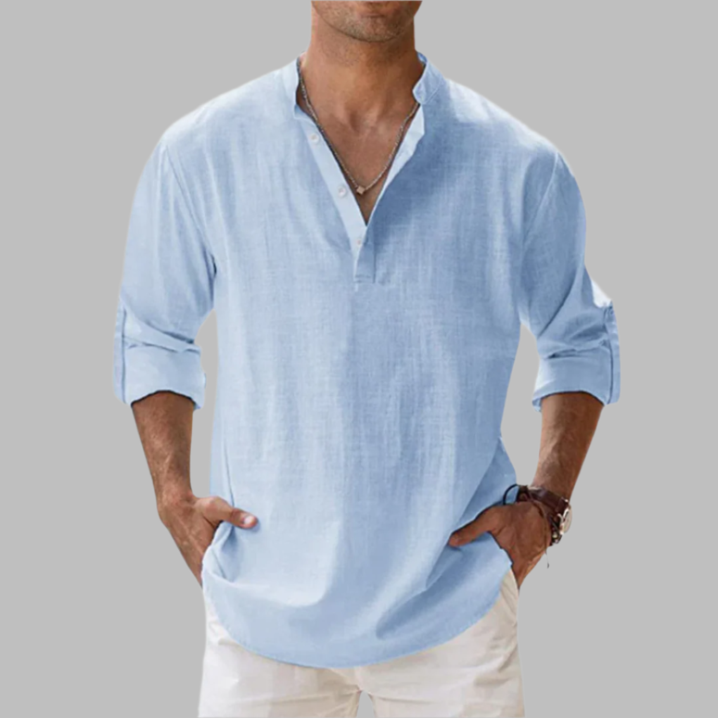 Lightweight men's summer button-down shirt with a relaxed fit. Perfect for beachwear & warm weather comfort.
