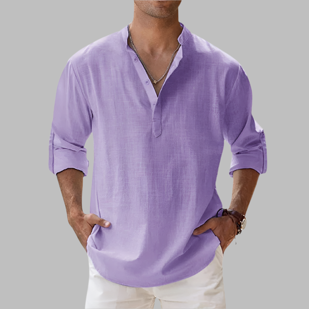 Men's relaxed fit long sleeve button-down for beach vacations, summer casual wear, and warm weather.
