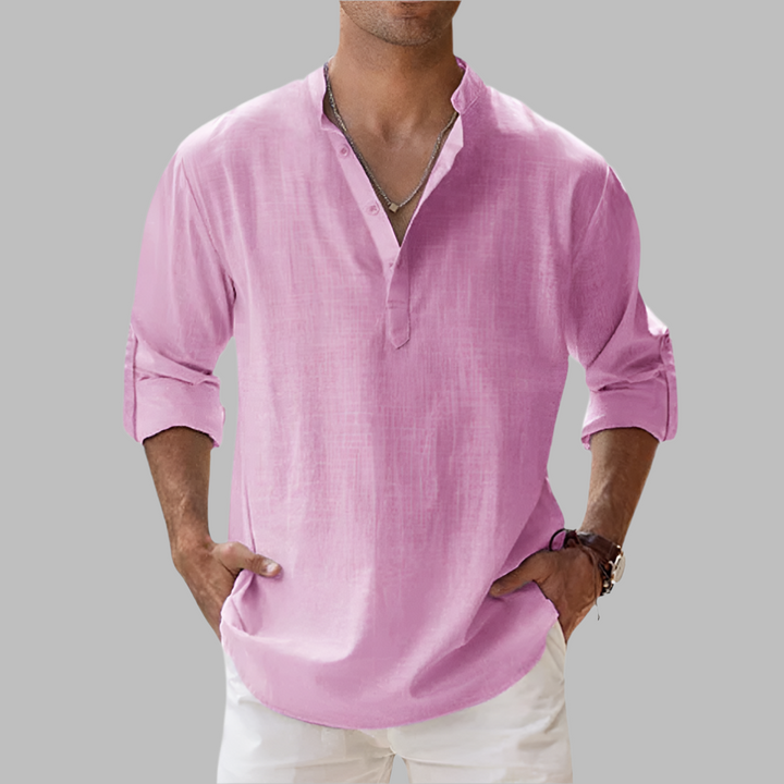 Stylish men's summer button-down shirt, relaxed fit. Essential long sleeve beachwear for men's fashion.