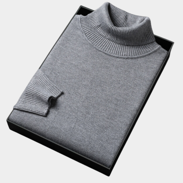 High-quality men's roll neck polo sweater, a versatile top for smart casual events.