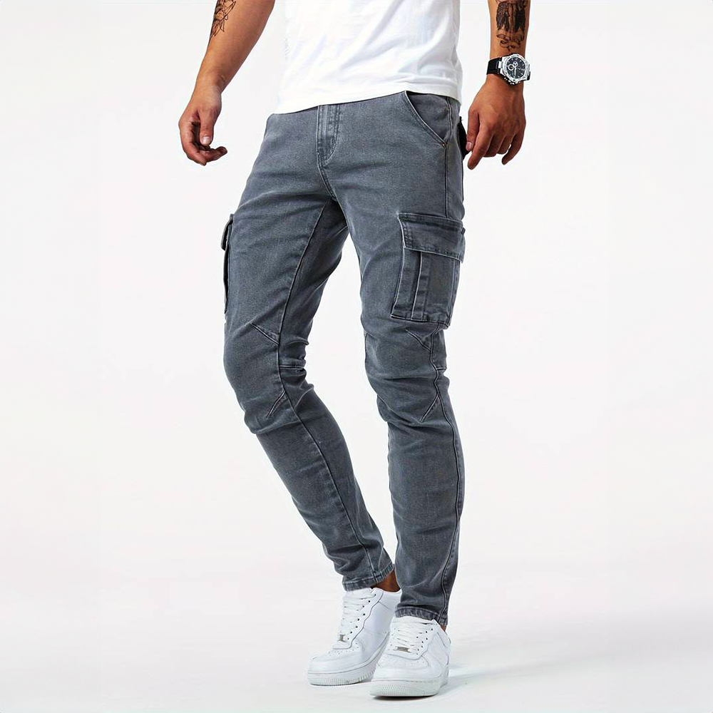 Men's slim fit cargo pants with practical side flap pockets for a modern casual look.