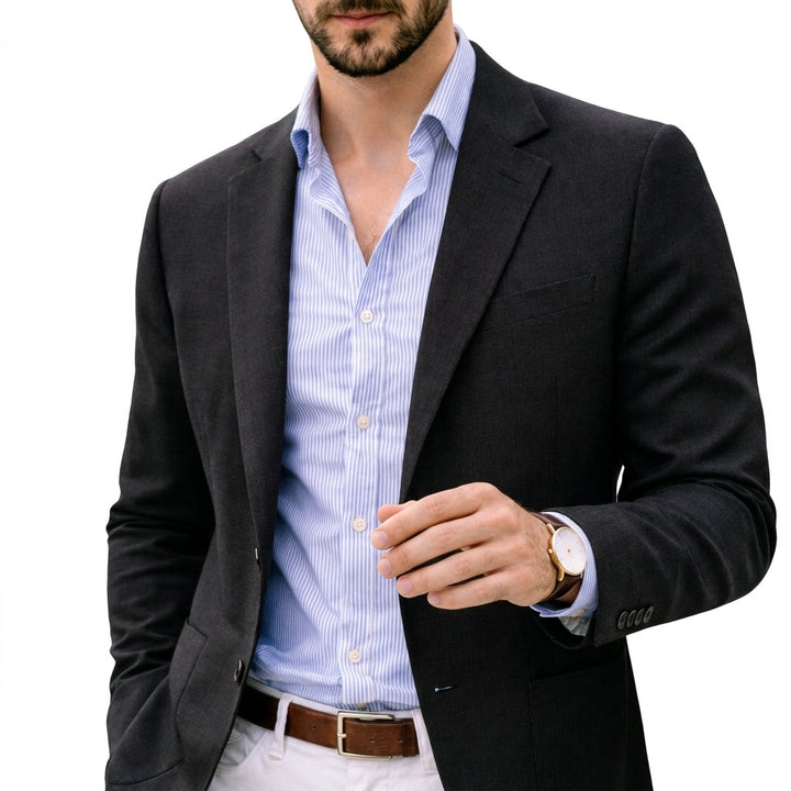 Modern men's knit blazer, a dressy jacket with a tailored fit, suitable for office wear and versatile style.