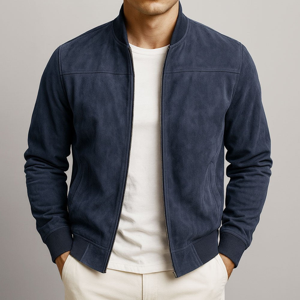 Textured structured men's bomber jacket, showcasing crisp fabric and tailored details for smart fashion.
