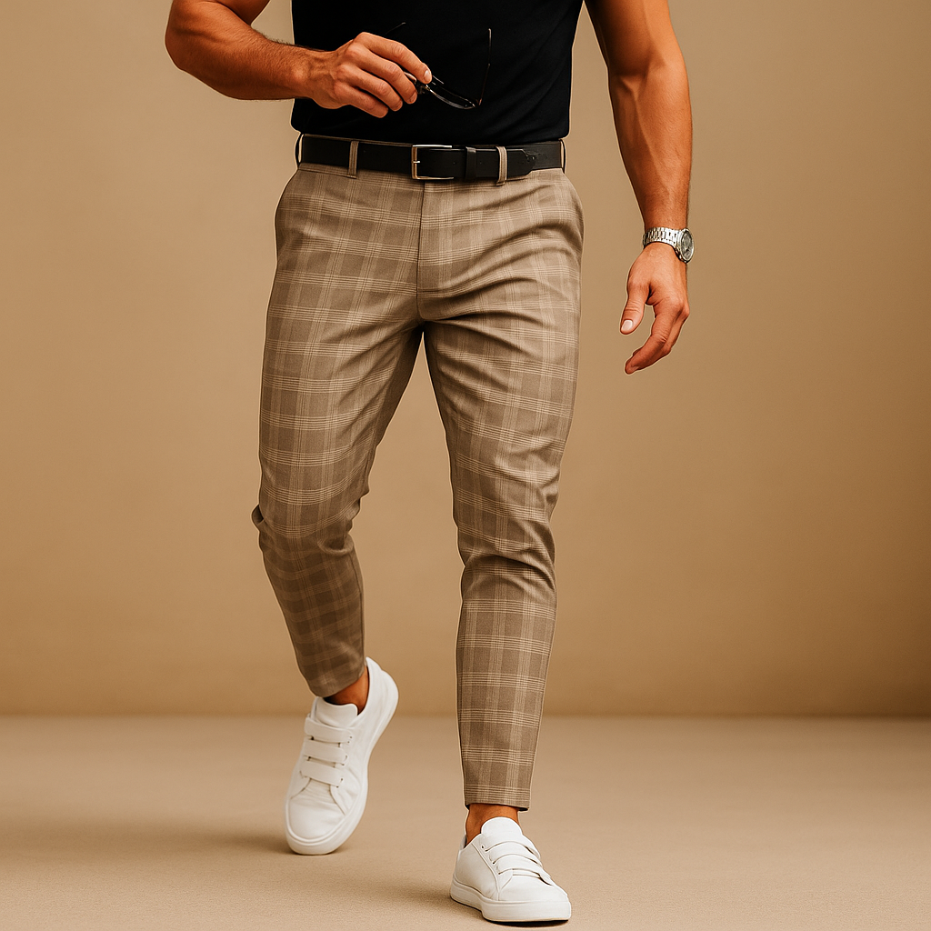 Modern men's fashion checkered pants, offering a sleek & comfortable fit for stylish everyday casual wear.