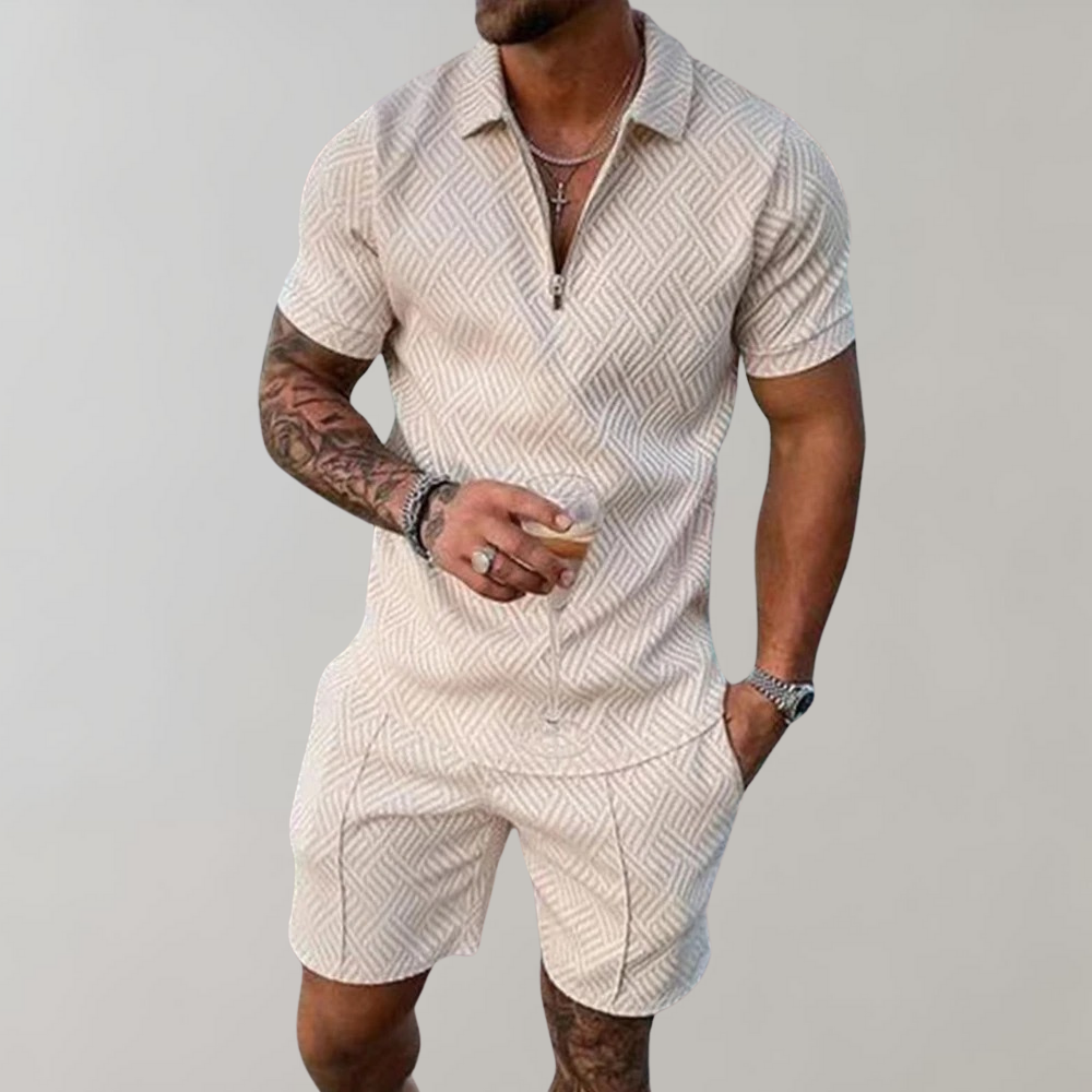 Men's comfort style summer set: a trendy polo shirt & shorts combo, great for vacation outfits and casual comfort.