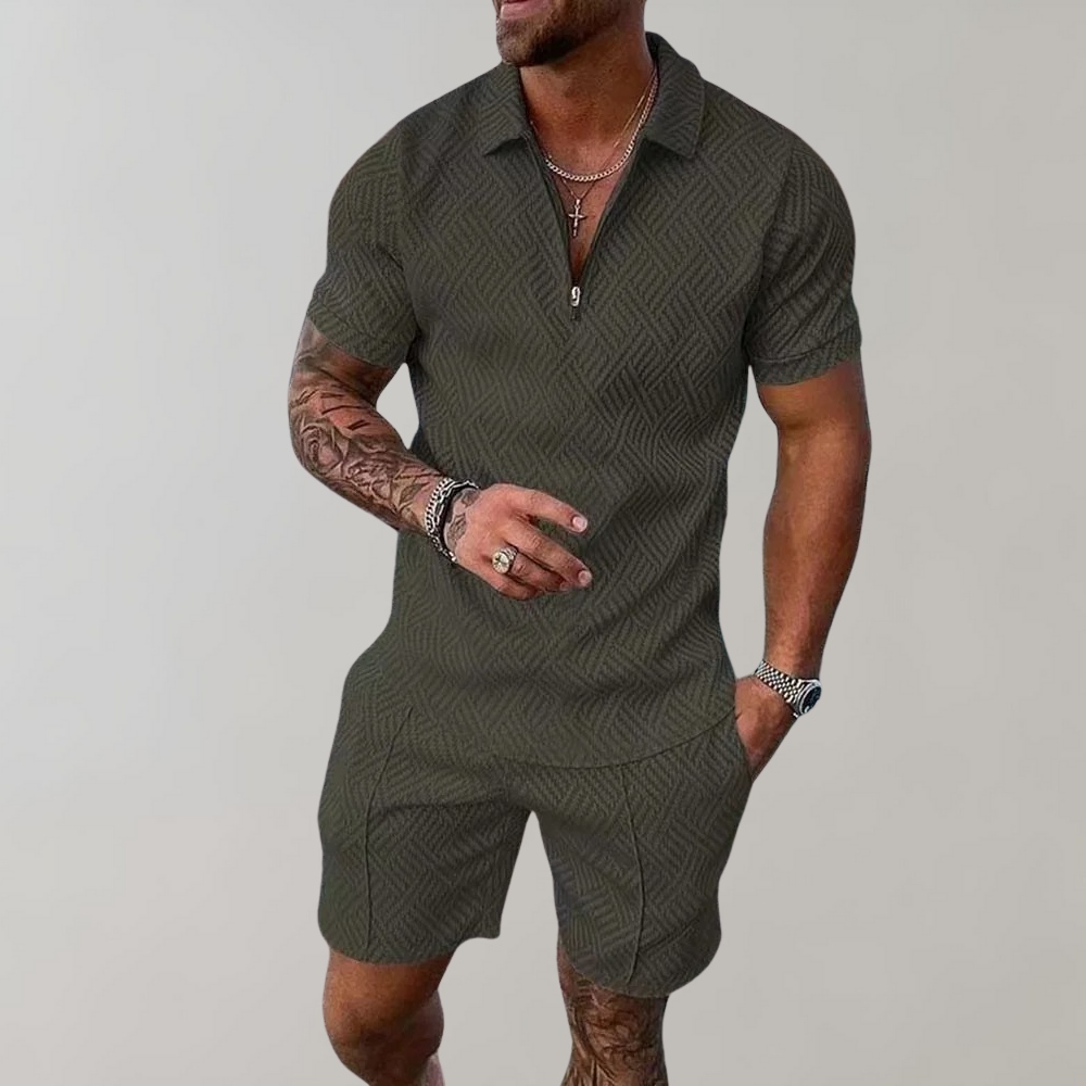 Closeup of a stylish men's summer polo shirt, part of a comfortable matching shorts set. Spring/summer fashion.