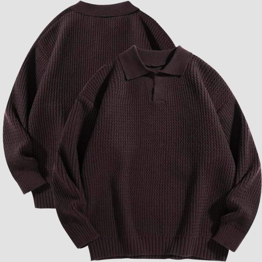 Front view of a men's casual long-sleeve waffle knit collared shirt in cotton blend.
