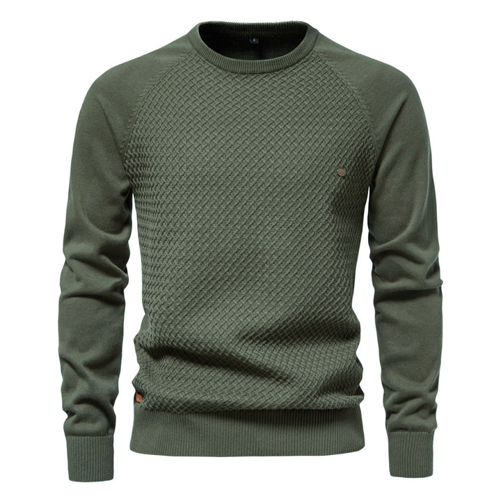 Front view of men's cream waffle knit crewneck sweater, perfect for a stylish and comfortable look