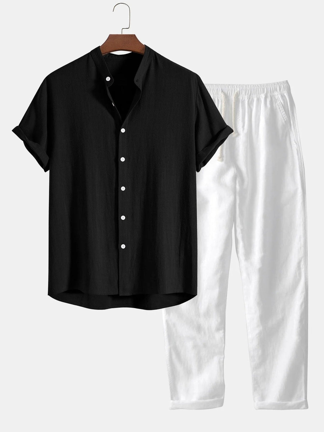 Men's Rolled Cuffs Shirt & Pants Set. Stylish two-piece summer casual outfit with stand collar & button-up shirt.