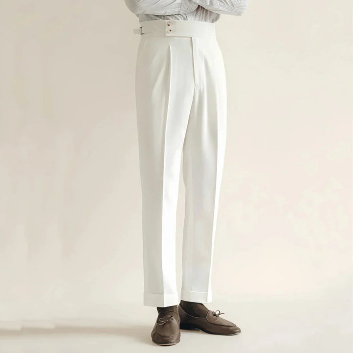 Form-fitting men's tailored grey trousers, perfect for business or smart casual office fashion.