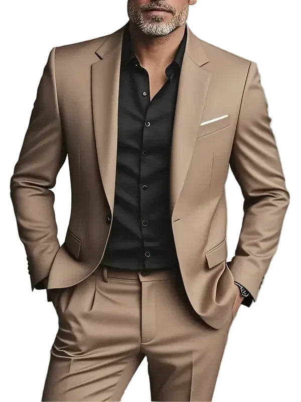 Modern men's slim fit tailored suit, two-piece, in a sleek black. Perfect for formal business, weddings & special events.