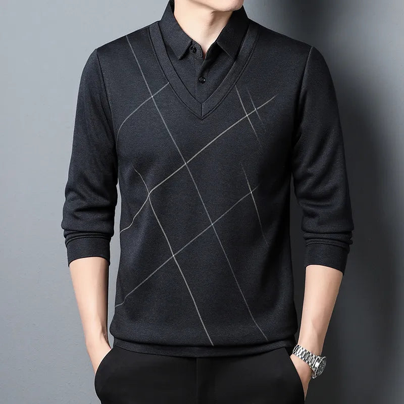 Lightweight men's collared knit sweater, ideal for versatile layering and everyday style.