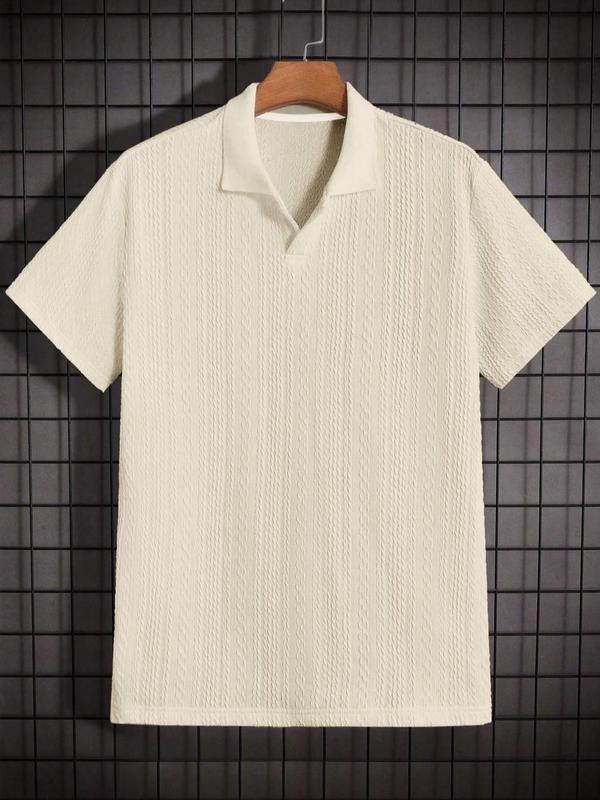 Close-up of a men's knit polo shirt, showcasing its breathable textured fabric