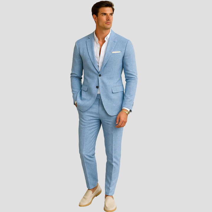 Stylish light blue men's two-button suit for spring/summer events & professional business wear.