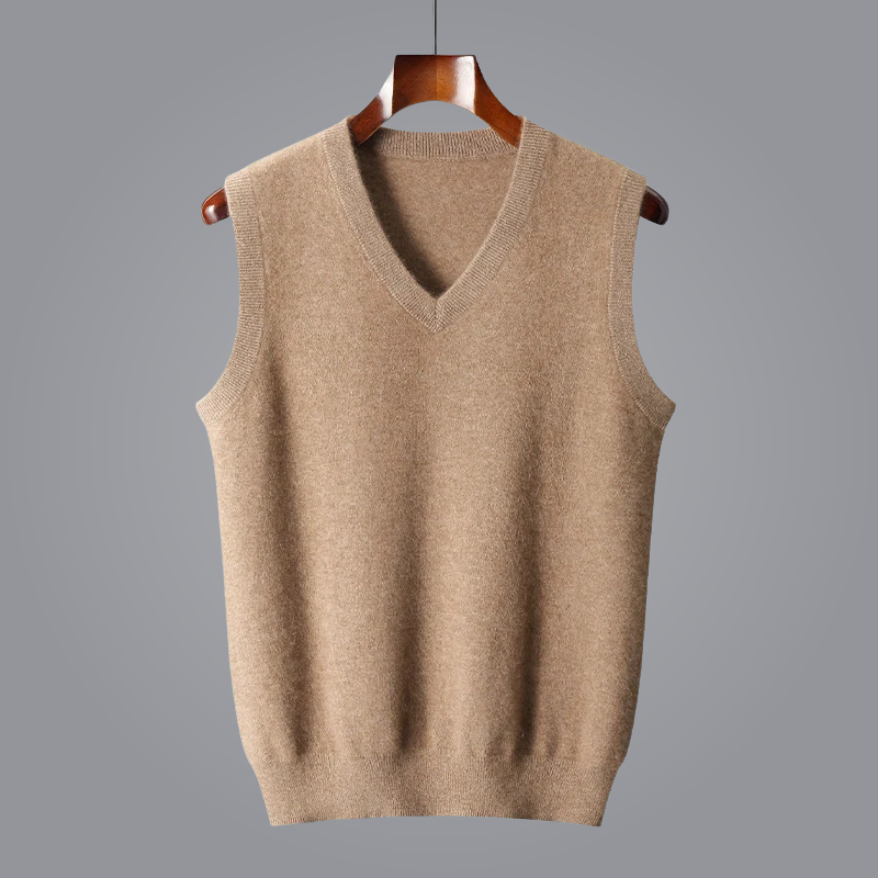 Men's V-neck knit vest in smart casual style for versatile layering and refined menswear.