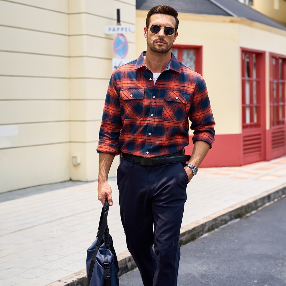Men's Verona Plaid Flannel Shirt, navy and red plaid, 100% cotton, comfortable and breathable.