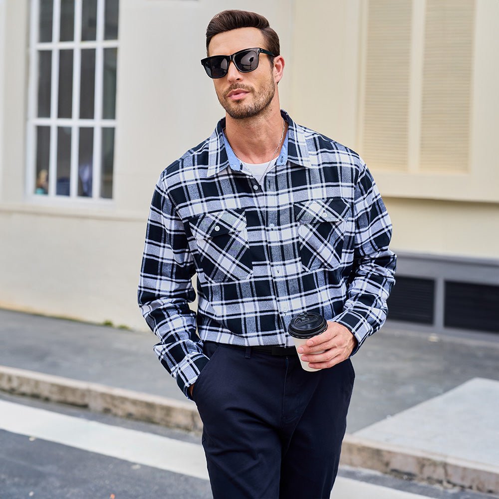 Model smiling, wearing a comfortable and stylish Men's Verona Plaid Flannel Shirt, natural light.
