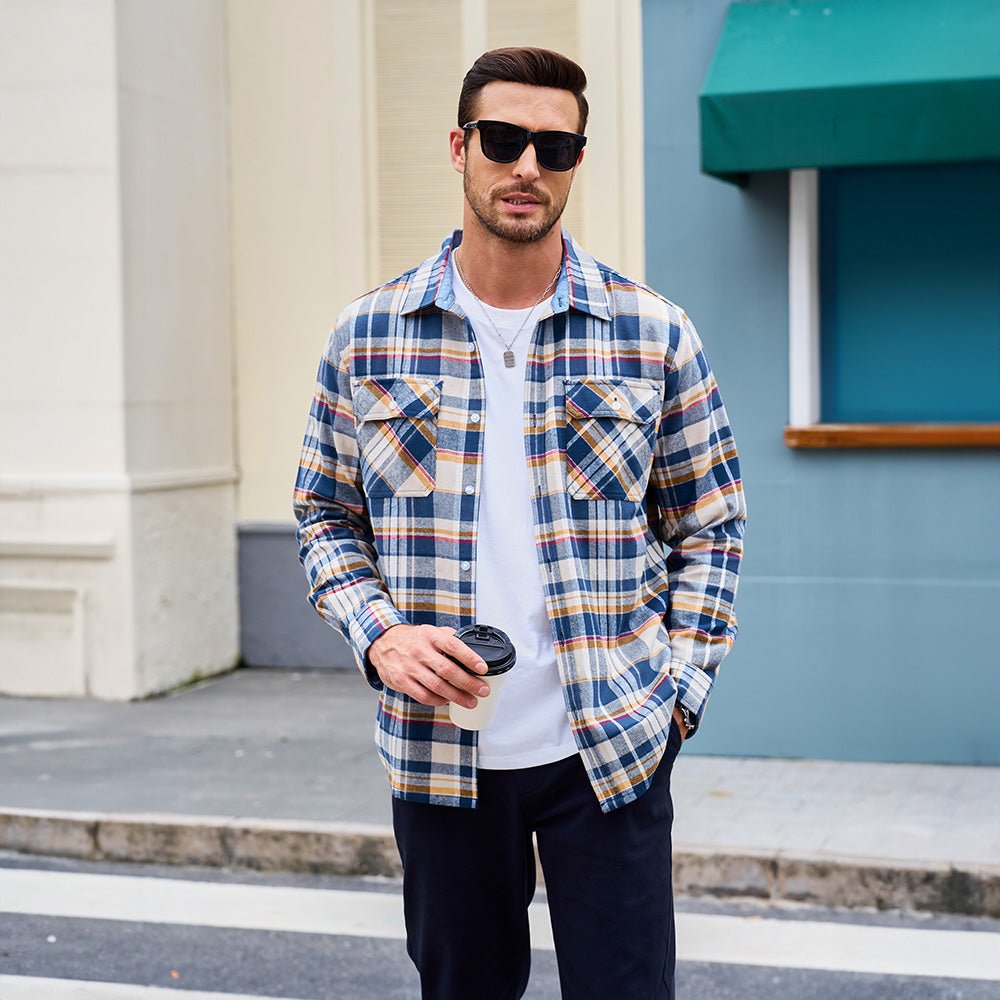 Detail of the soft brushed cotton fabric of the Men's Verona Plaid Flannel Shirt, comfortable.