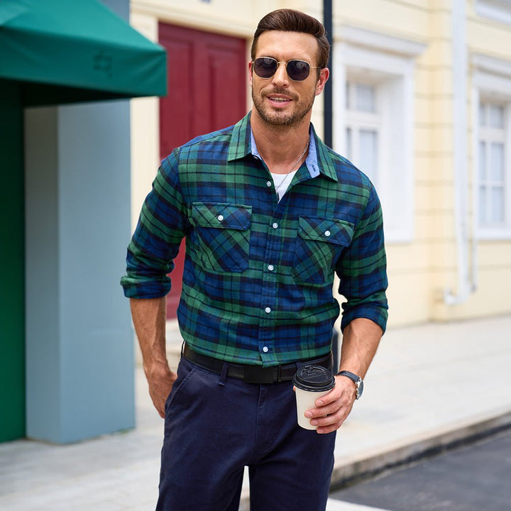 Men's Verona Plaid Flannel Shirt, light grey and black plaid, an understated but essential fall garment.