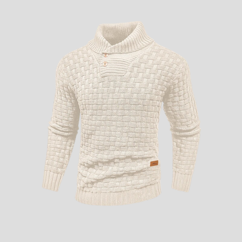 Men's fall/winter button-up sweater with a half-collar. Smart casual and comfortable long sleeve top for cool weather.
