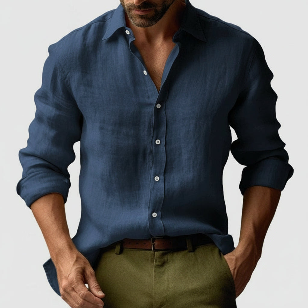 Versatile men's vintage button-up shirt. Long-sleeve smart-casual style for any occasion. Effortless fashion.