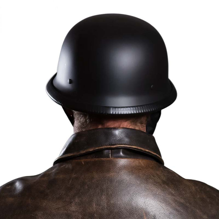 Men's vintage half-face motorcycle helmet for classic cruiser bikes, open-face style, perfect street rider accessory.