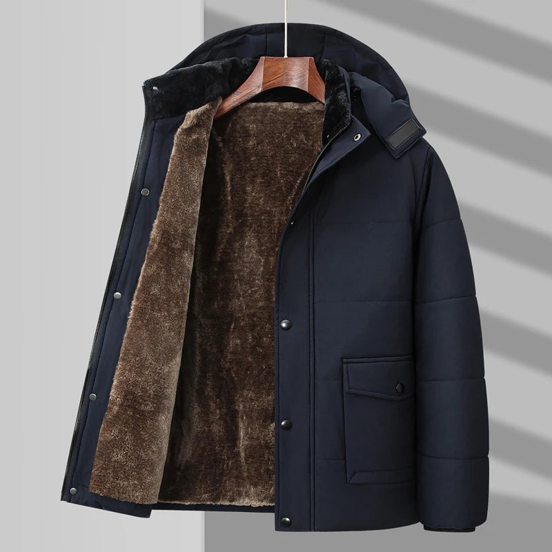 Warm men's outerwear, water resistant puffer jacket with cozy fur lining and high collar
