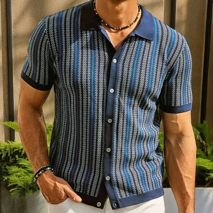 Men's Slim Fit Button Down Polo with Herringbone Pattern - Lexians