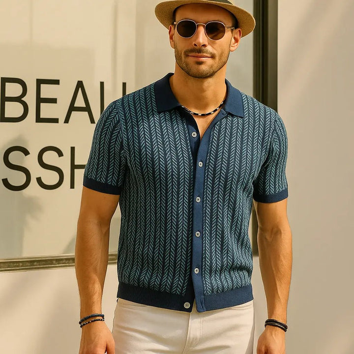 Men's Slim Fit Button Down Polo with Herringbone Pattern - Lexians