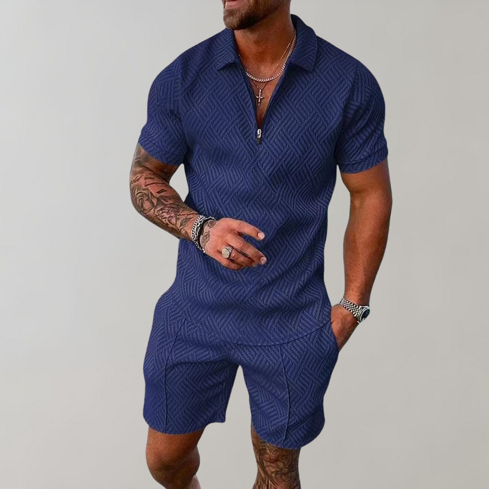 "Men's Summer Zip Polo Shorts Set, relaxed fit, short sleeves, zip-up collar, above-knee shorts, textured design."